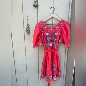 Free People Red Embroidered Puff Sleeve Mini Dress